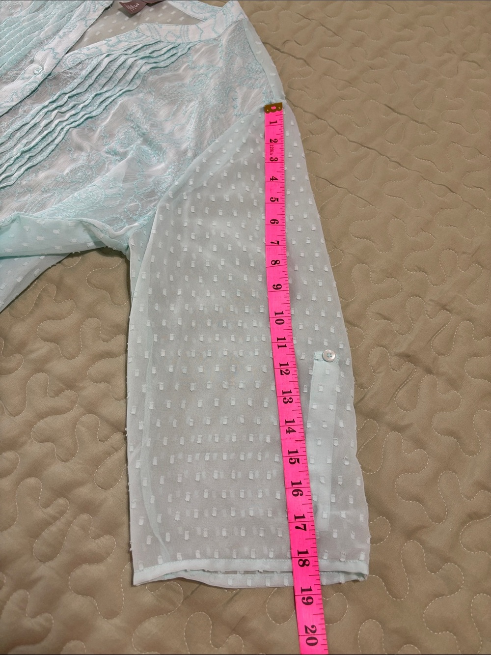 Chico's Mint Blue Aqua Pintuck  Sheer Blouse Embroidery Swiss Dot Size 3 (XL/16) - Picture 11 of 14